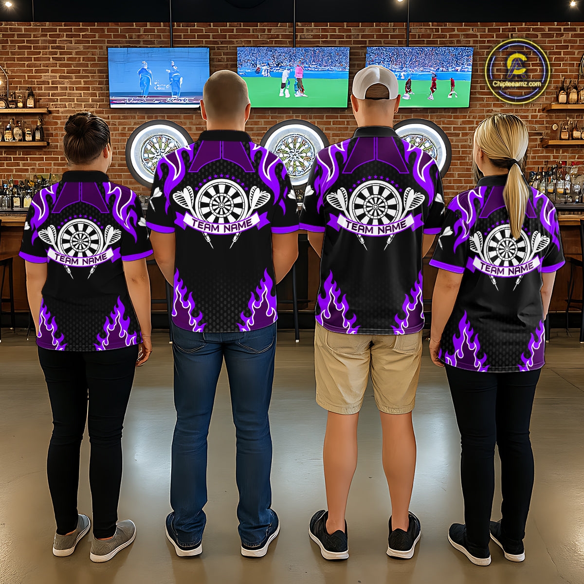 Black And Purple Flaming Darts Jersey Polo & Quarter Zip Custom Darts Team Shirt For Women TDM6147
