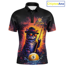 Load image into Gallery viewer, Vintage funny cat 9 ball billiard polo shirt for men with custom pool team graphics.
