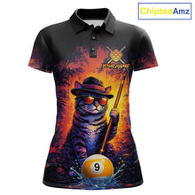 Load image into Gallery viewer, Vintage funny cat 9 ball billiard polo shirt for women with custom pool team graphics.