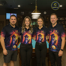 Load image into Gallery viewer, Pool team wearing matching vintage funny cat 9 ball billiard jerseys during tournament competition front view.