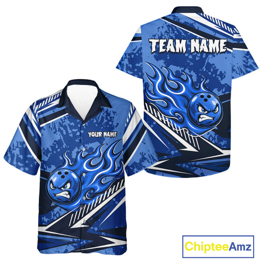 Blue Grunge Camo Funny Flame Bowling Hawaiian Shirt Custom Bowling Team Jersey, Bowling Button-Up Shirt TDM7631