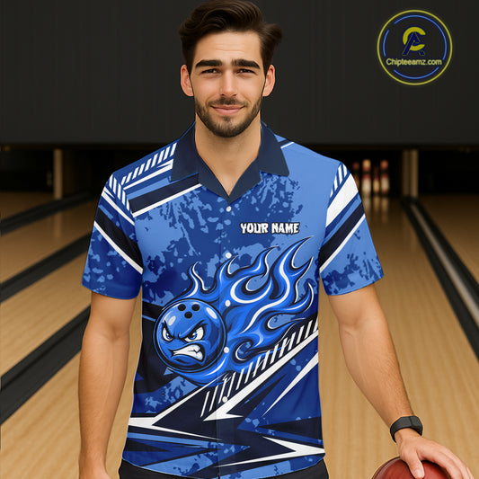 Blue Grunge Camo Funny Flame Bowling Hawaiian Shirt Custom Bowling Team Jersey, Bowling Button-Up Shirt TDM7631