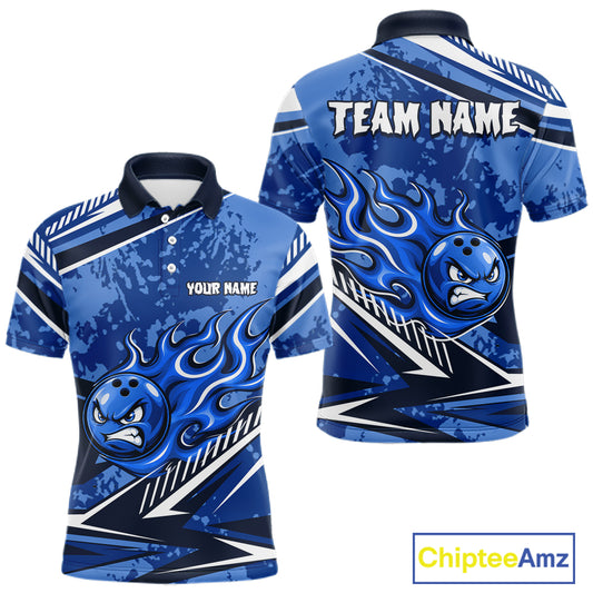 Blue Grunge Camo Funny Flame Bowling Shirts For Men Custom Bowling Team Jersey Polo & Quarter Zip TDM7631