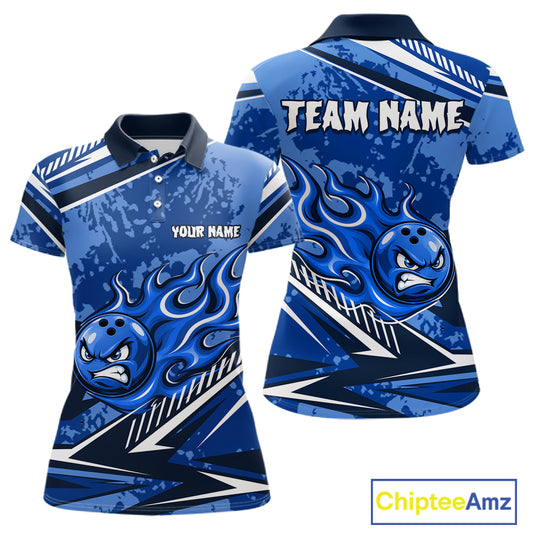 Blue Grunge Camo Funny Flame Bowling Shirts For Women Custom Bowling Team Jersey Polo & Quarter Zip TDM7631
