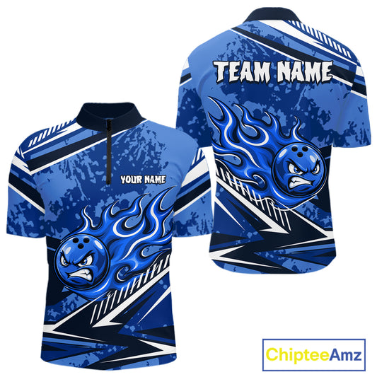 Blue Grunge Camo Funny Flame Bowling Shirts For Men Custom Bowling Team Jersey Polo & Quarter Zip TDM7631