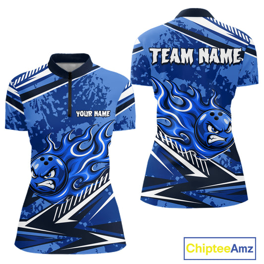 Blue Grunge Camo Funny Flame Bowling Shirts For Women Custom Bowling Team Jersey Polo & Quarter Zip TDM7631