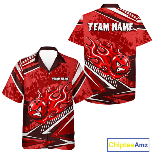 Red Grunge Camo Funny Flame Bowling Hawaiian Shirt Custom Bowling Team Jersey, Bowling Button-Up Shirt TDM7632