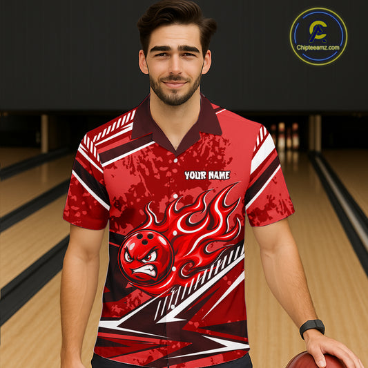 Red Grunge Camo Funny Flame Bowling Hawaiian Shirt Custom Bowling Team Jersey, Bowling Button-Up Shirt TDM7632