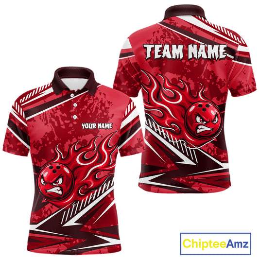 Red Grunge Camo Funny Flame Bowling Shirts For Men Custom Bowling Team Jersey Polo & Quarter Zip TDM7632