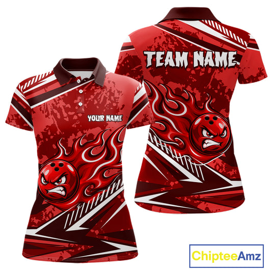 Red Grunge Camo Funny Flame Bowling Shirts For Women Custom Bowling Team Jersey Polo & Quarter Zip TDM7632