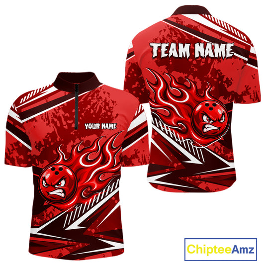 Red Grunge Camo Funny Flame Bowling Shirts For Men Custom Bowling Team Jersey Polo & Quarter Zip TDM7632