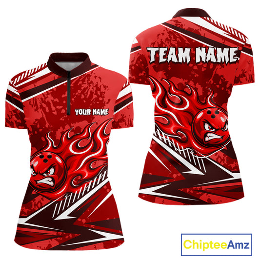 Red Grunge Camo Funny Flame Bowling Shirts For Women Custom Bowling Team Jersey Polo & Quarter Zip TDM7632