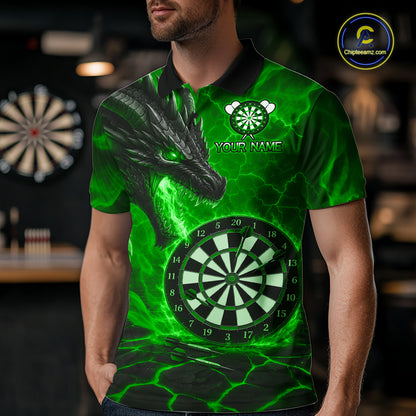Personalized Dragon Darts Shirts Custom Fire Flame Green Darts Team Jersey Polo & 1/4 Zip For Men TDM7968