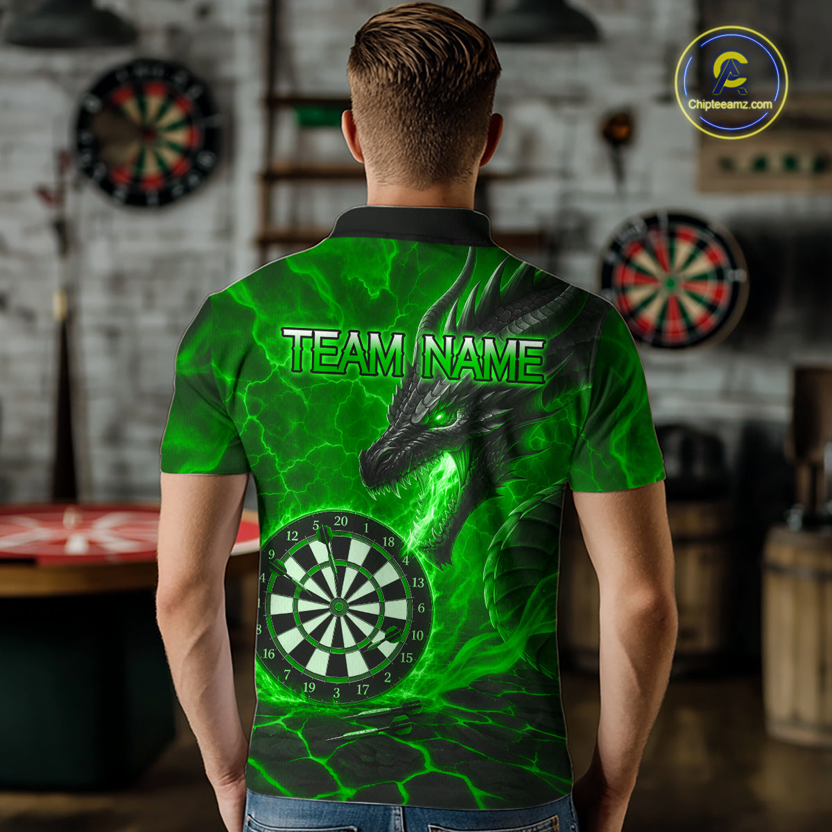 Personalized Dragon Darts Shirts Custom Fire Flame Green Darts Team Jersey Polo & 1/4 Zip For Men TDM7968