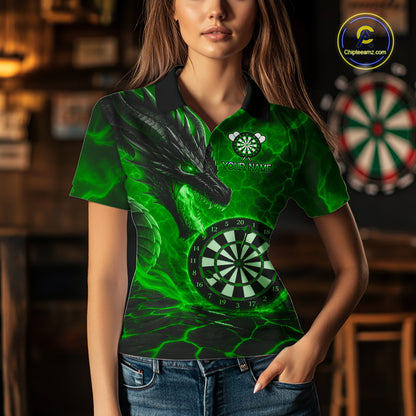 Personalized Dragon Darts Shirts Custom Fire Flame Green Darts Team Jersey Polo & 1/4 Zip For Women TDM7968