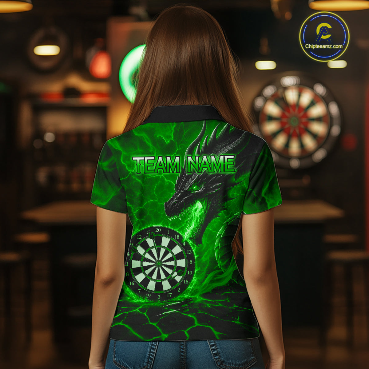 Personalized Dragon Darts Shirts Custom Fire Flame Green Darts Team Jersey Polo & 1/4 Zip For Women TDM7968