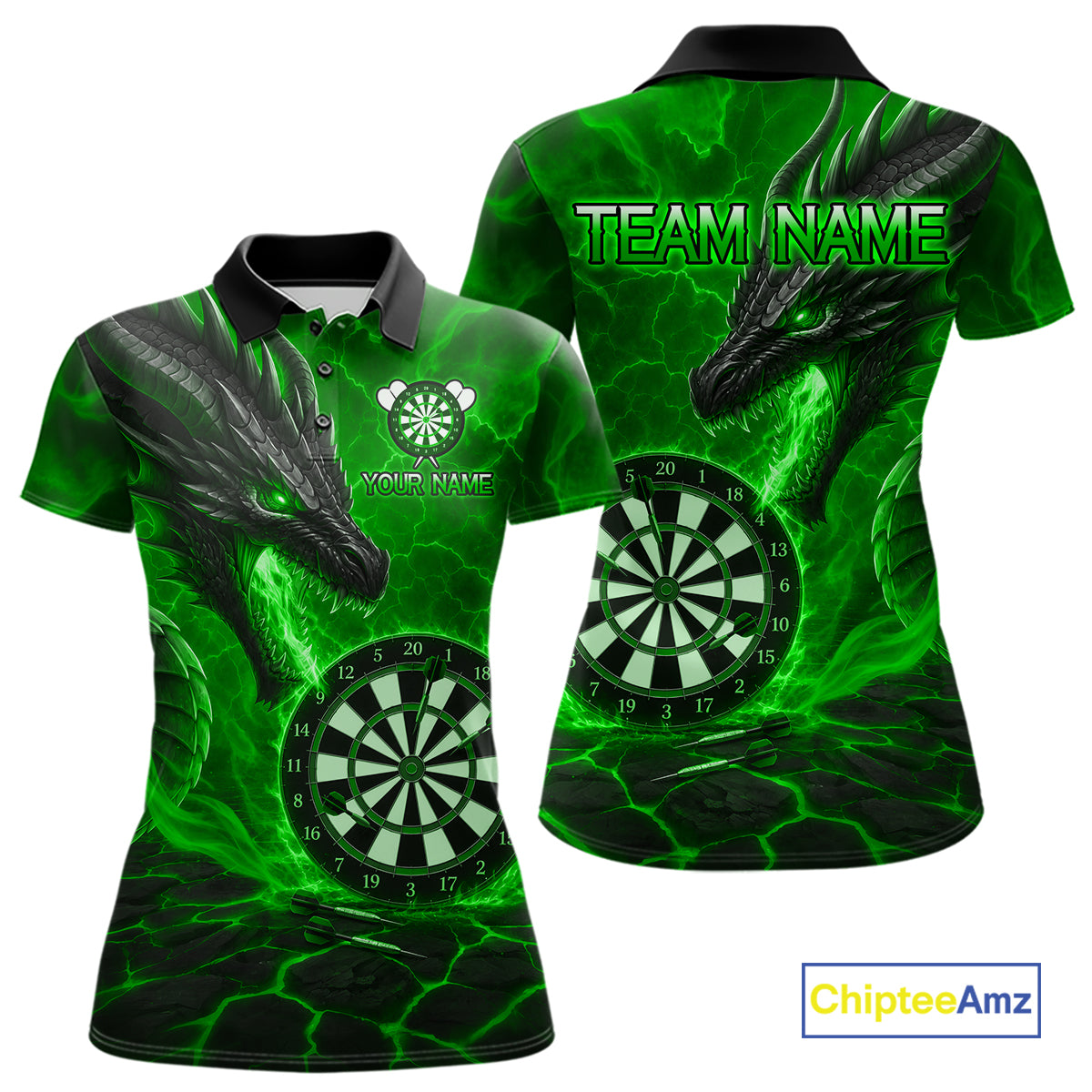 Personalized Dragon Darts Shirts Custom Fire Flame Green Darts Team Jersey Polo & 1/4 Zip For Women TDM7968