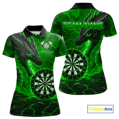Personalized Dragon Darts Shirts Custom Fire Flame Green Darts Team Jersey Polo & 1/4 Zip For Women TDM7968