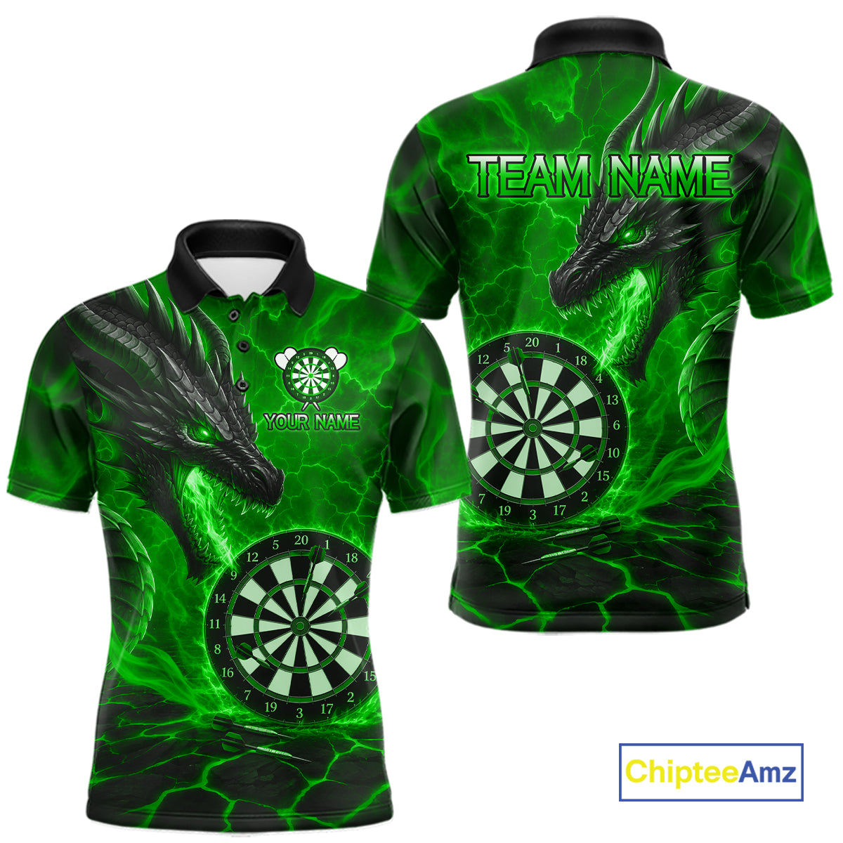 Personalized Dragon Darts Shirts Custom Fire Flame Green Darts Team Jersey Polo & 1/4 Zip For Men TDM7968