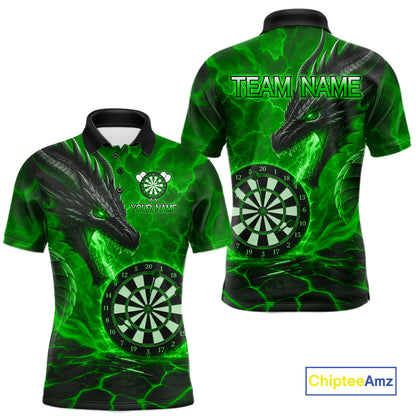 Personalized Dragon Darts Shirts Custom Fire Flame Green Darts Team Jersey Polo & 1/4 Zip For Men TDM7968