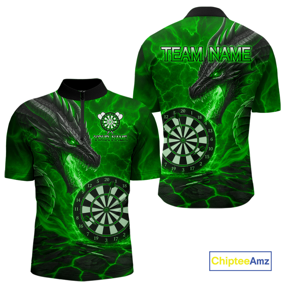 Personalized Dragon Darts Shirts Custom Fire Flame Green Darts Team Jersey Polo & 1/4 Zip For Men TDM7968