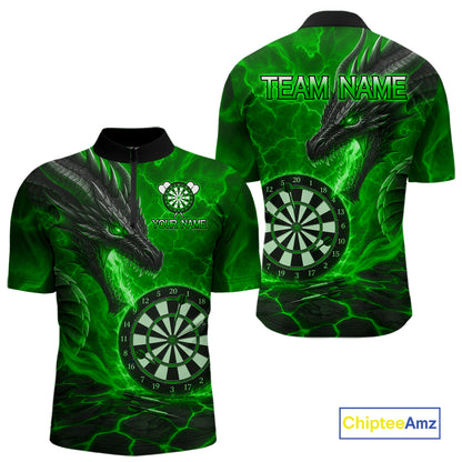 Personalized Dragon Darts Shirts Custom Fire Flame Green Darts Team Jersey Polo & 1/4 Zip For Men TDM7968