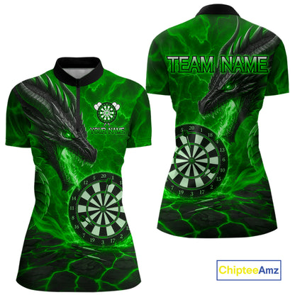 Personalized Dragon Darts Shirts Custom Fire Flame Green Darts Team Jersey Polo & 1/4 Zip For Women TDM7968