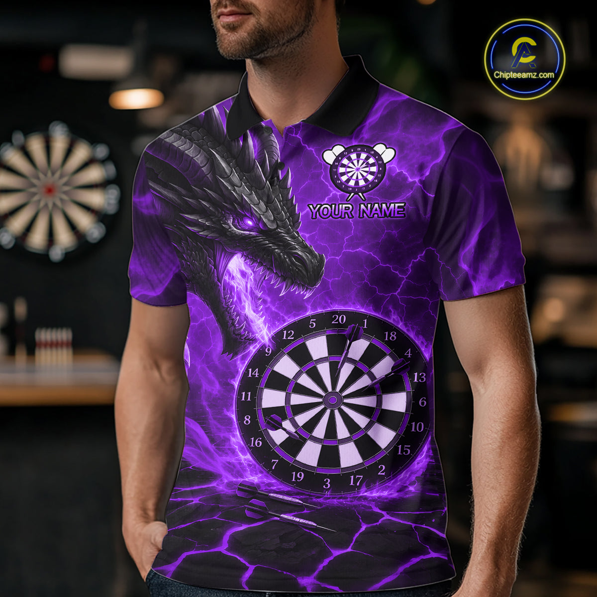 Personalized Dragon Darts Shirts Custom Fire Flame Purple Darts Team Jersey Polo & 1/4 Zip For Men TDM7969