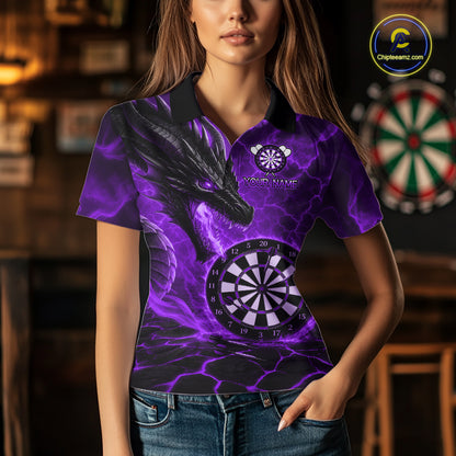 Personalized Dragon Darts Shirts Custom Fire Flame Purple Darts Team Jersey Polo & 1/4 Zip For Women TDM7969