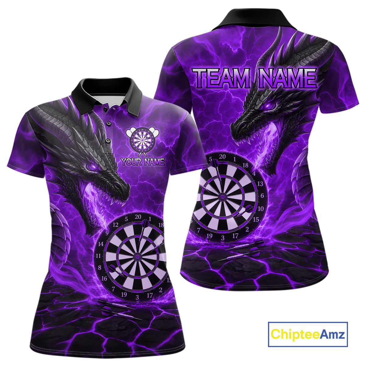 Personalized Dragon Darts Shirts Custom Fire Flame Purple Darts Team Jersey Polo & 1/4 Zip For Women TDM7969