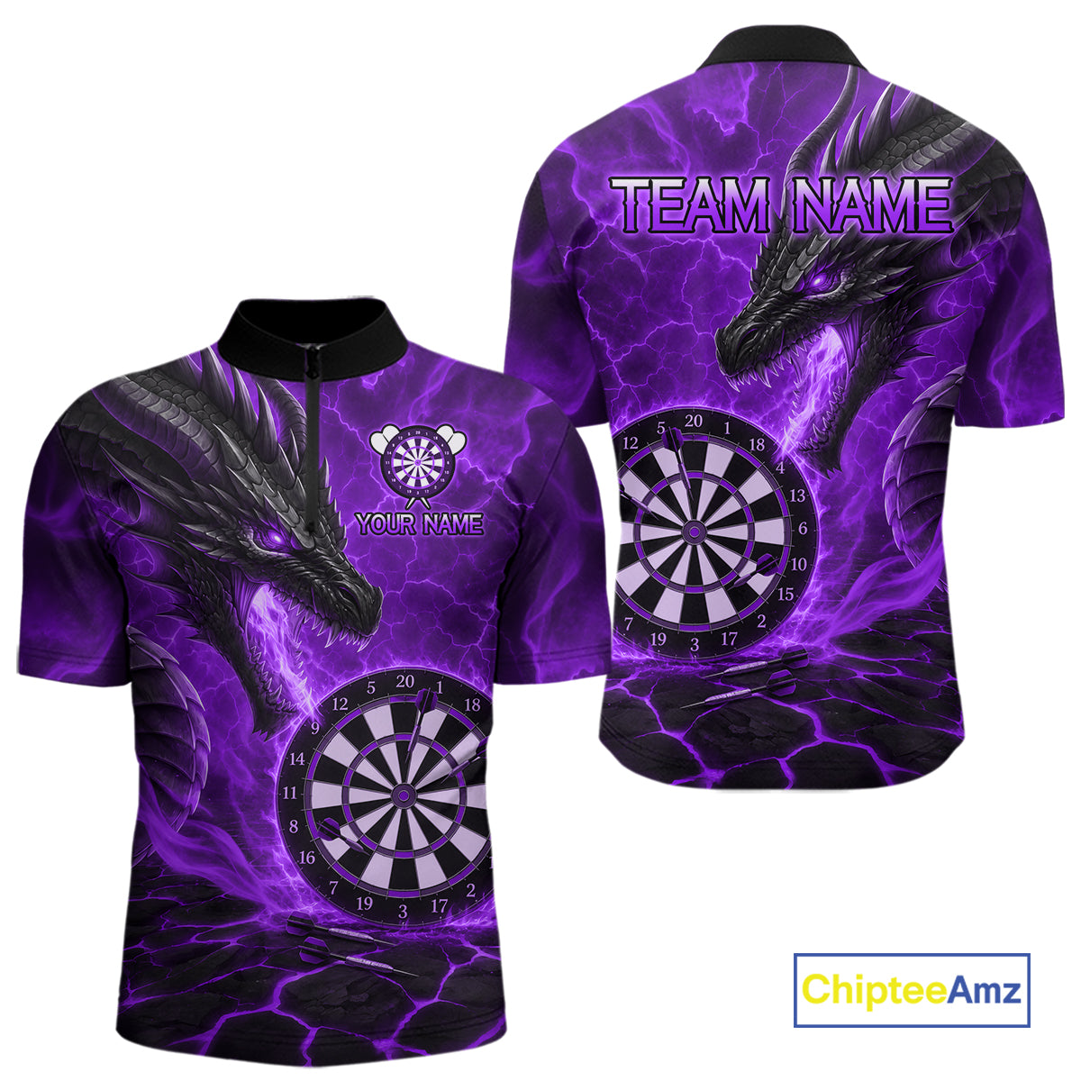 Personalized Dragon Darts Shirts Custom Fire Flame Purple Darts Team Jersey Polo & 1/4 Zip For Men TDM7969