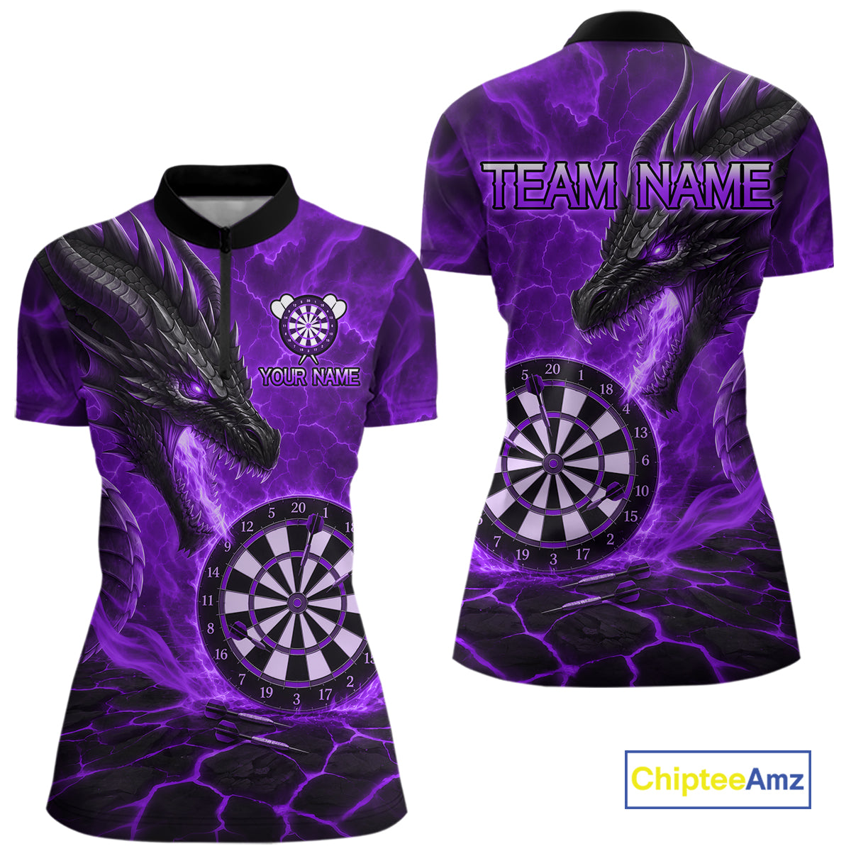 Personalized Dragon Darts Shirts Custom Fire Flame Purple Darts Team Jersey Polo & 1/4 Zip For Women TDM7969