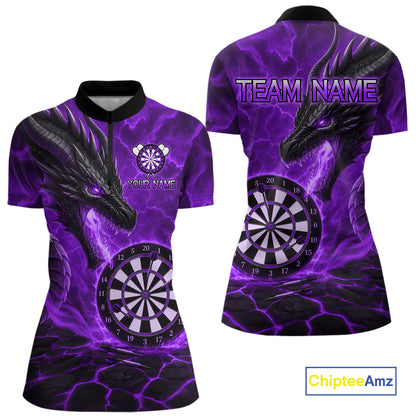 Personalized Dragon Darts Shirts Custom Fire Flame Purple Darts Team Jersey Polo & 1/4 Zip For Women TDM7969