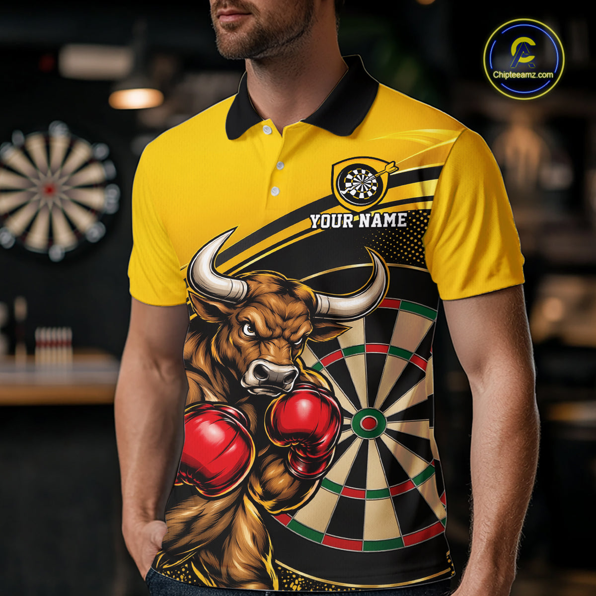 Yellow And Black Funny Bull Darts Shirts For Men Custom Darts Team Jersey Personalized Darts Gift TDM7979