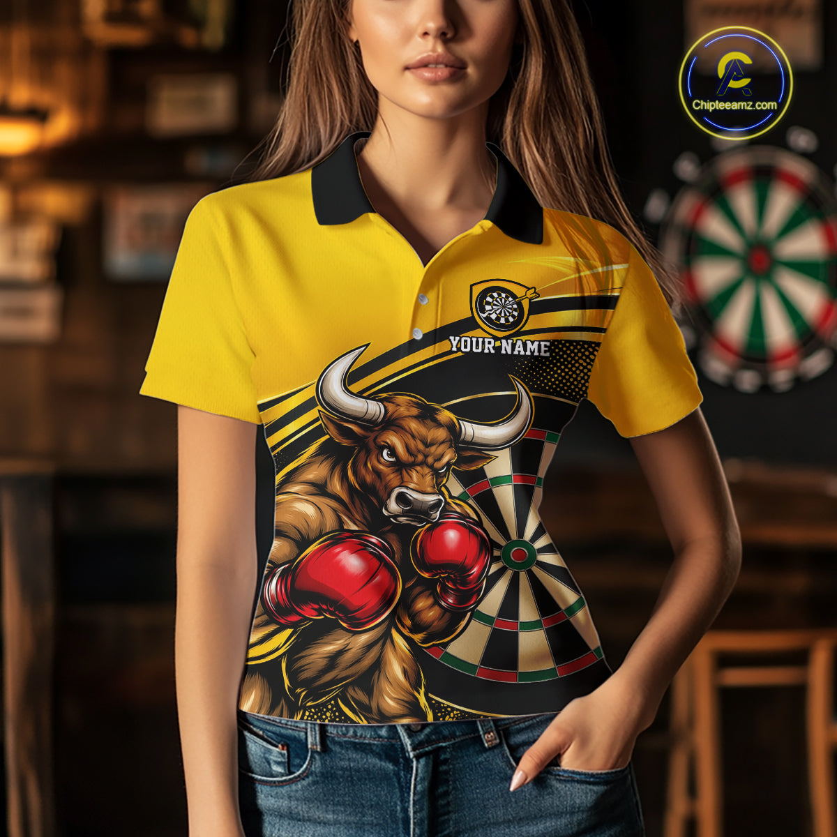 Yellow And Black Funny Bull Darts Shirts For Women Custom Darts Team Jersey Personalized Darts Gift TDM7979