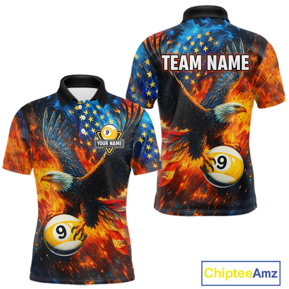 Personalized Orange Flaming US Flag 9 Ball Eagle Billiard Shirt For Men Patriotic Pool Team Jersey TDM7340