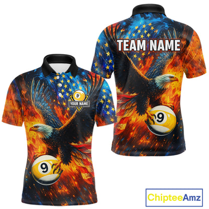 Personalized Orange Flaming US Flag 9 Ball Eagle Billiard Shirt For Men Patriotic Pool Team Jersey TDM7340
