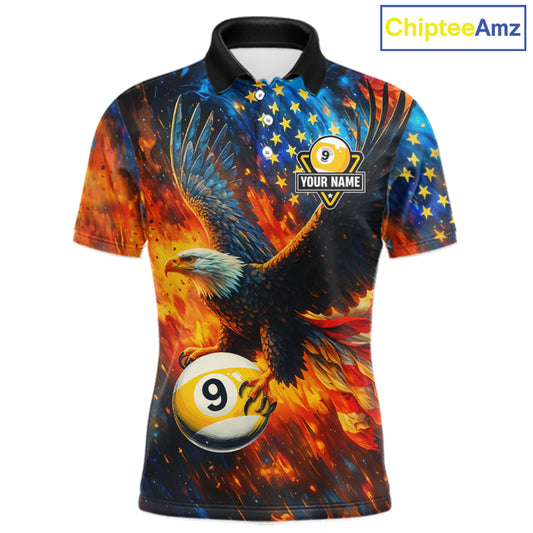 Personalized Orange Flaming US Flag 9 Ball Eagle Billiard Shirt For Men Patriotic Pool Team Jersey TDM7340