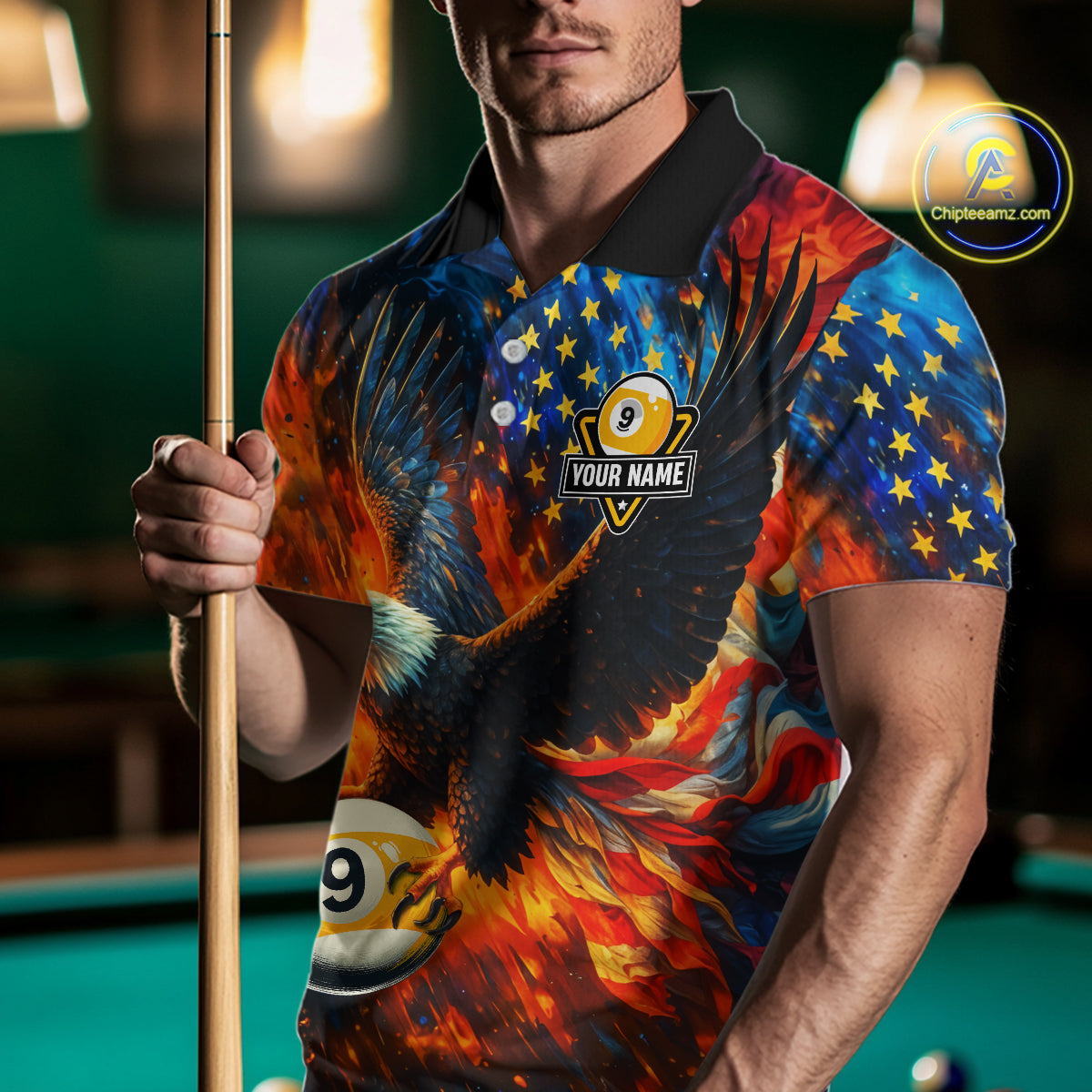 Personalized Orange Flaming US Flag 9 Ball Eagle Billiard Shirt For Men Patriotic Pool Team Jersey TDM7340