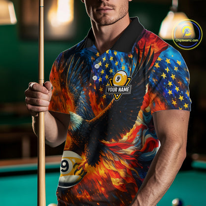 Personalized Orange Flaming US Flag 9 Ball Eagle Billiard Shirt For Men Patriotic Pool Team Jersey TDM7340