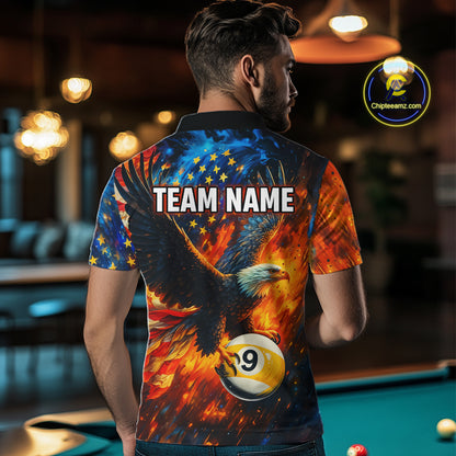 Personalized Orange Flaming US Flag 9 Ball Eagle Billiard Shirt For Men Patriotic Pool Team Jersey TDM7340