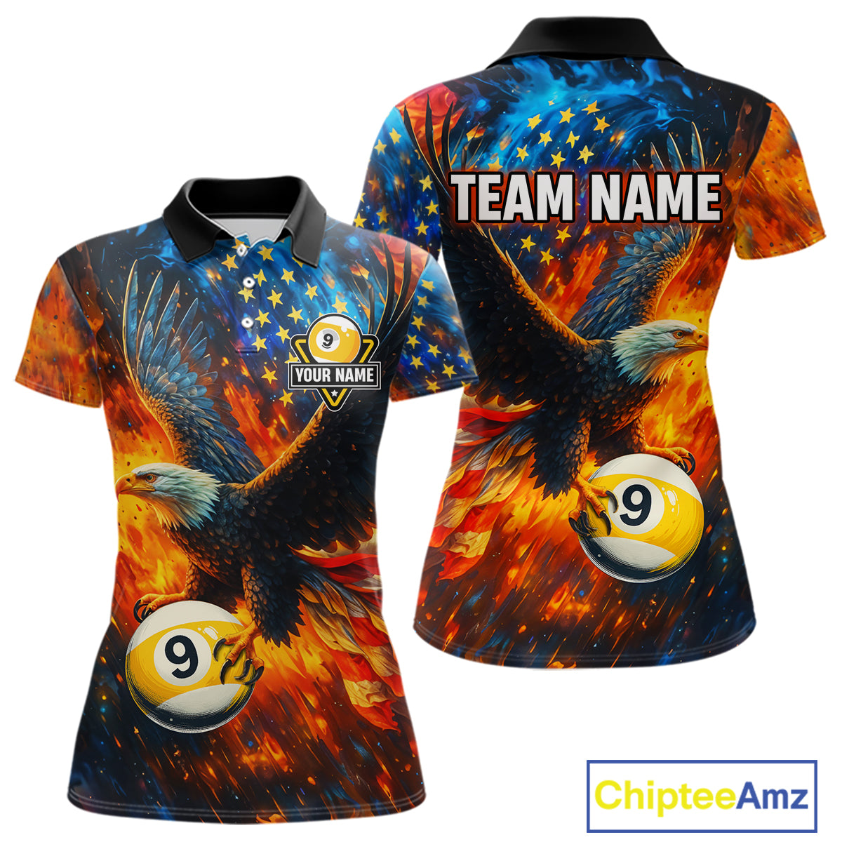 Personalized Orange Flaming US Flag 9 Ball Eagle Billiard Shirt For Women Patriotic Pool Team Jersey TDM7340