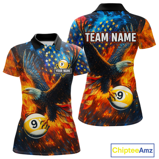 Personalized Orange Flaming US Flag 9 Ball Eagle Billiard Shirt For Women Patriotic Pool Team Jersey TDM7340