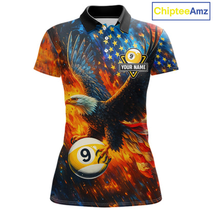 Personalized Orange Flaming US Flag 9 Ball Eagle Billiard Shirt For Women Patriotic Pool Team Jersey TDM7340