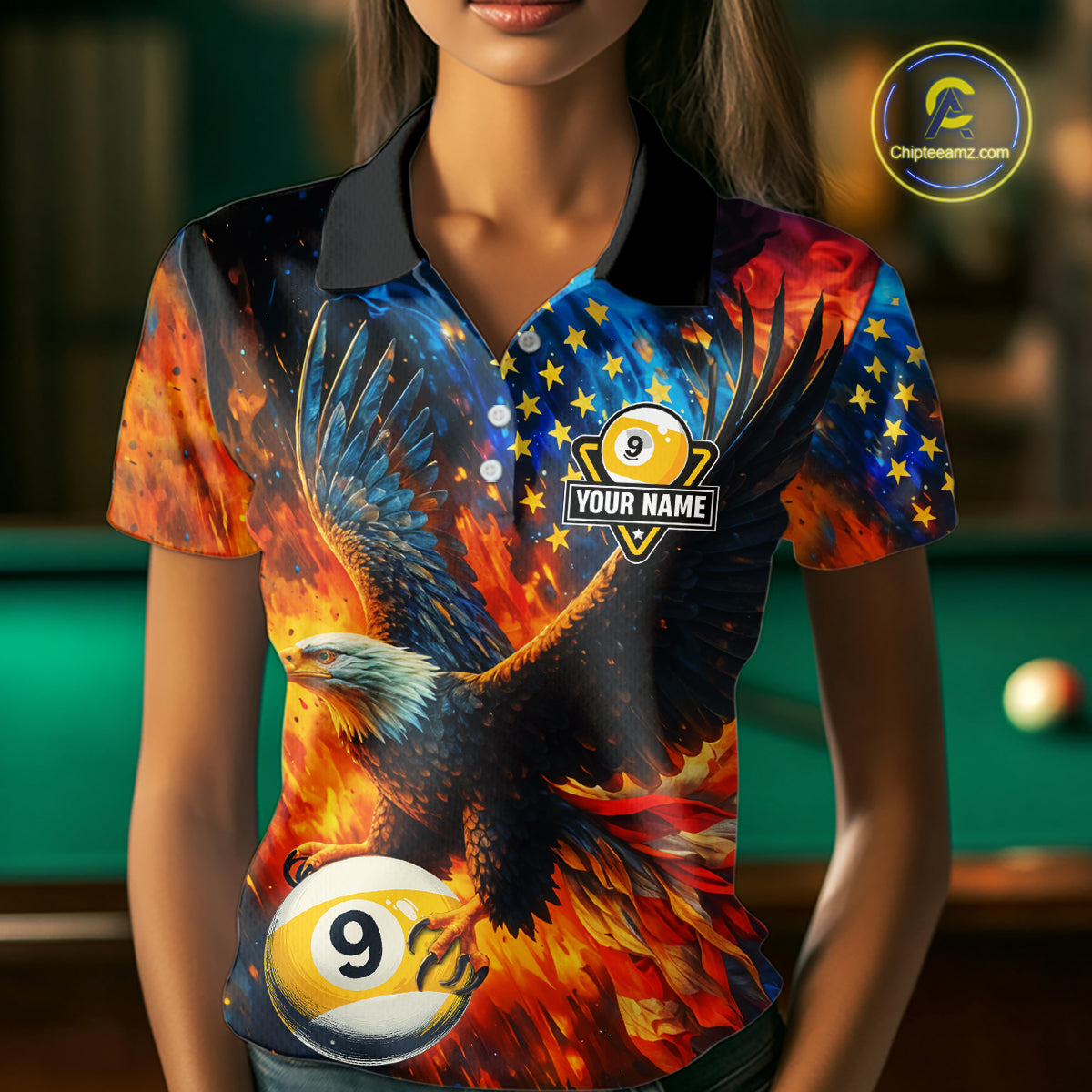 Personalized Orange Flaming US Flag 9 Ball Eagle Billiard Shirt For Women Patriotic Pool Team Jersey TDM7340
