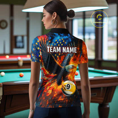 Personalized Orange Flaming US Flag 9 Ball Eagle Billiard Shirt For Women Patriotic Pool Team Jersey TDM7340