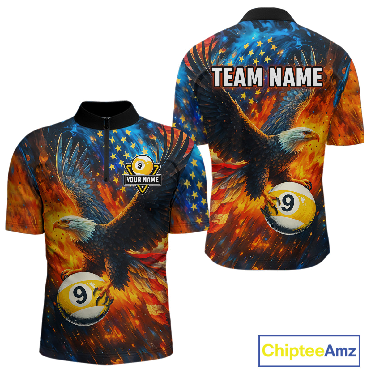 Personalized Orange Flaming US Flag 9 Ball Eagle Billiard Shirt For Men Patriotic Pool Team Jersey TDM7340