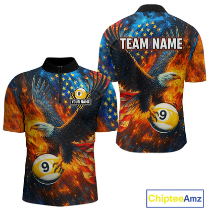 Personalized Orange Flaming US Flag 9 Ball Eagle Billiard Shirt For Men Patriotic Pool Team Jersey TDM7340