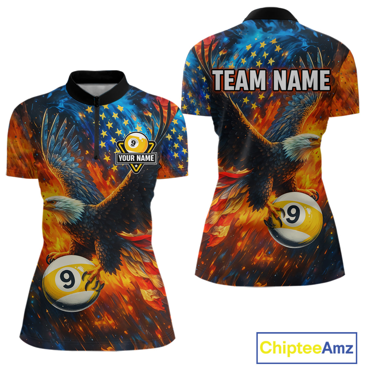 Personalized Orange Flaming US Flag 9 Ball Eagle Billiard Shirt For Women Patriotic Pool Team Jersey TDM7340