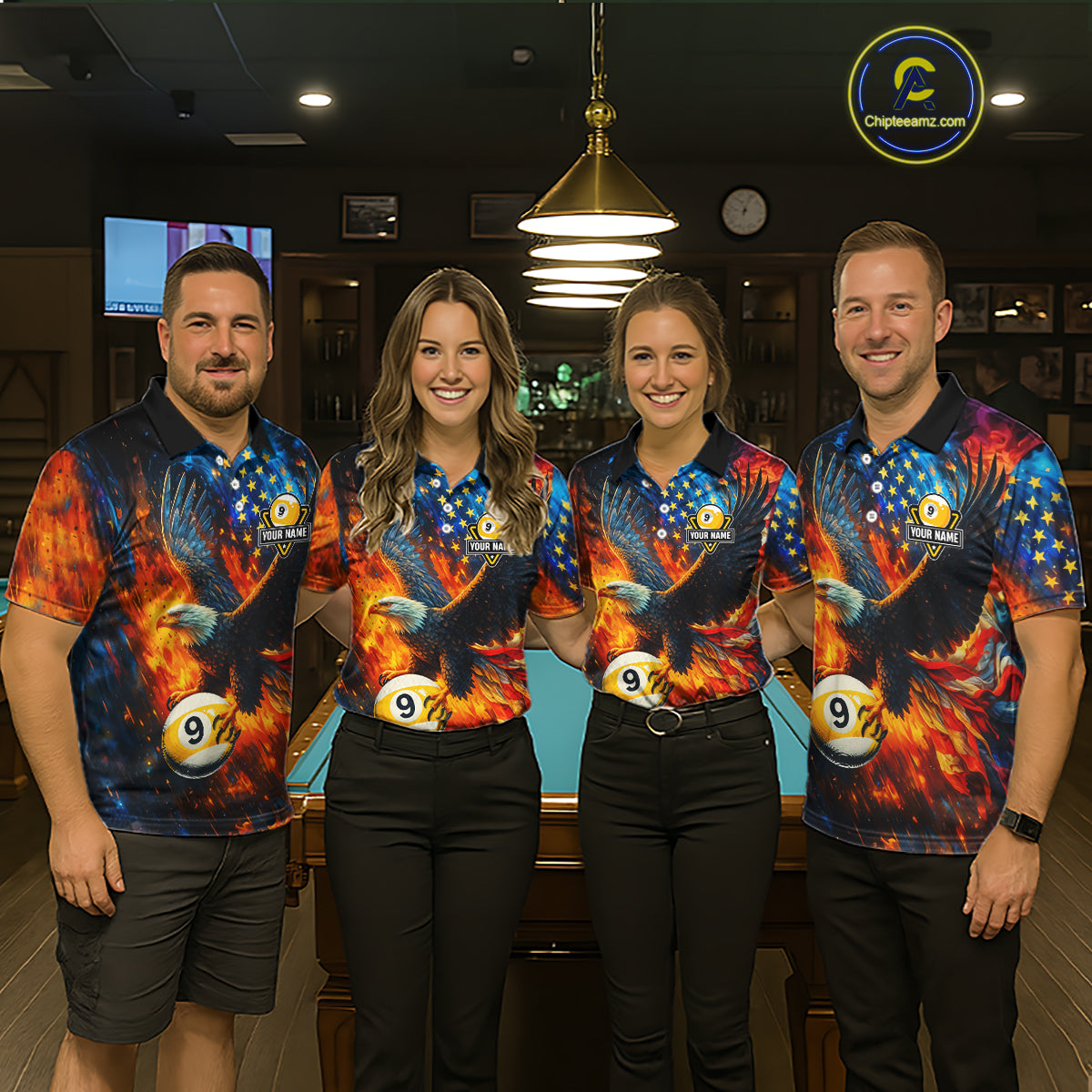 Personalized Orange Flaming US Flag 9 Ball Eagle Billiard Shirt For Men Patriotic Pool Team Jersey TDM7340